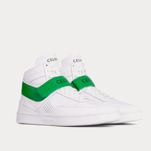 Celine CT-03 High Top Sneakers Sz 37 Optic White & Green Calfskin Leather